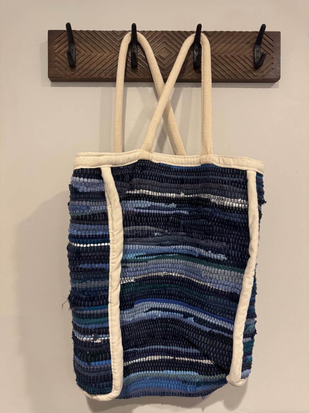 Handwoven Blue Striped Tote with Cream Handles